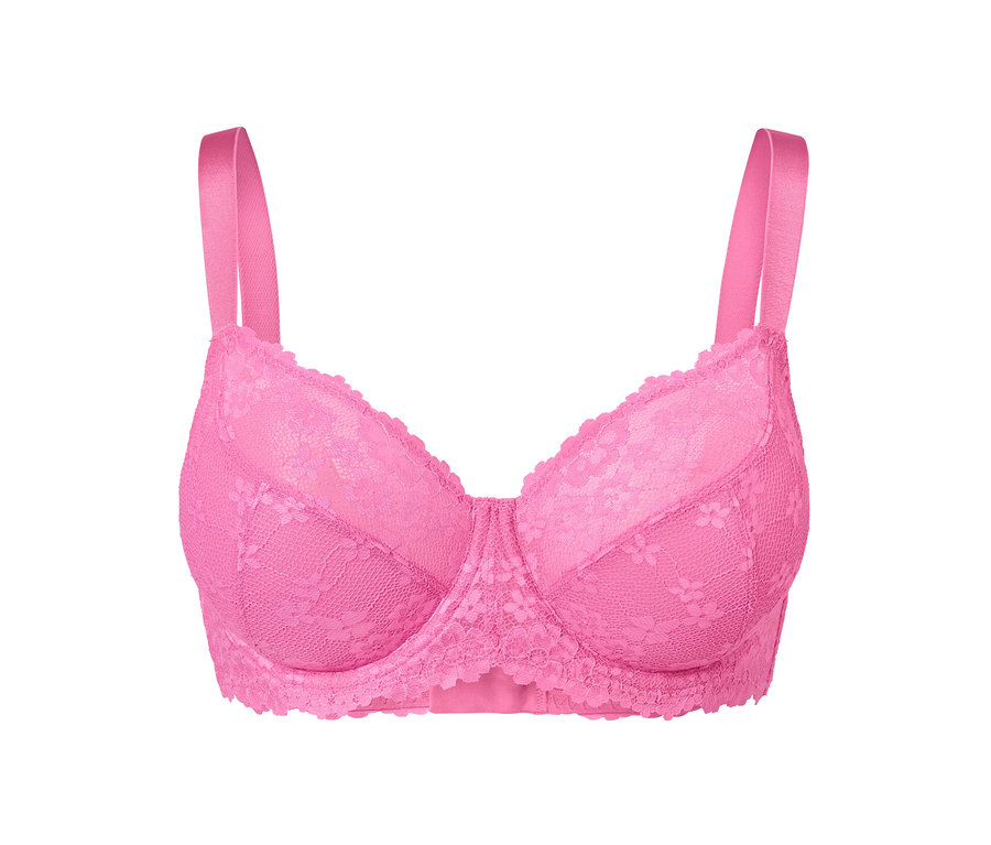 Detail růžové podprsenky s kosticemi.