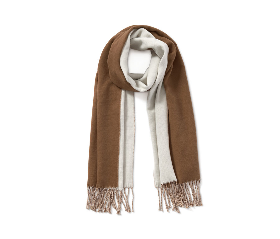 Koňakovo-krémová šála s třásněmi.