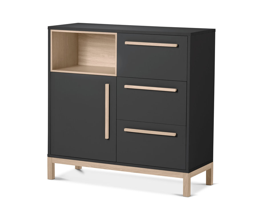Antracitová koupelnová odkládací skříňka Eklund s otevřenou policí, dvířky a třemi zásuvkami.