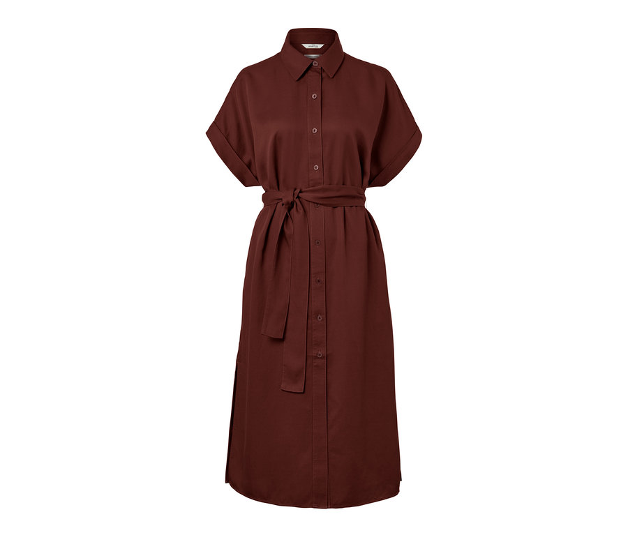 Halenkové šaty ze lněné směsi terakotové barvy s knoflíky a páskem.