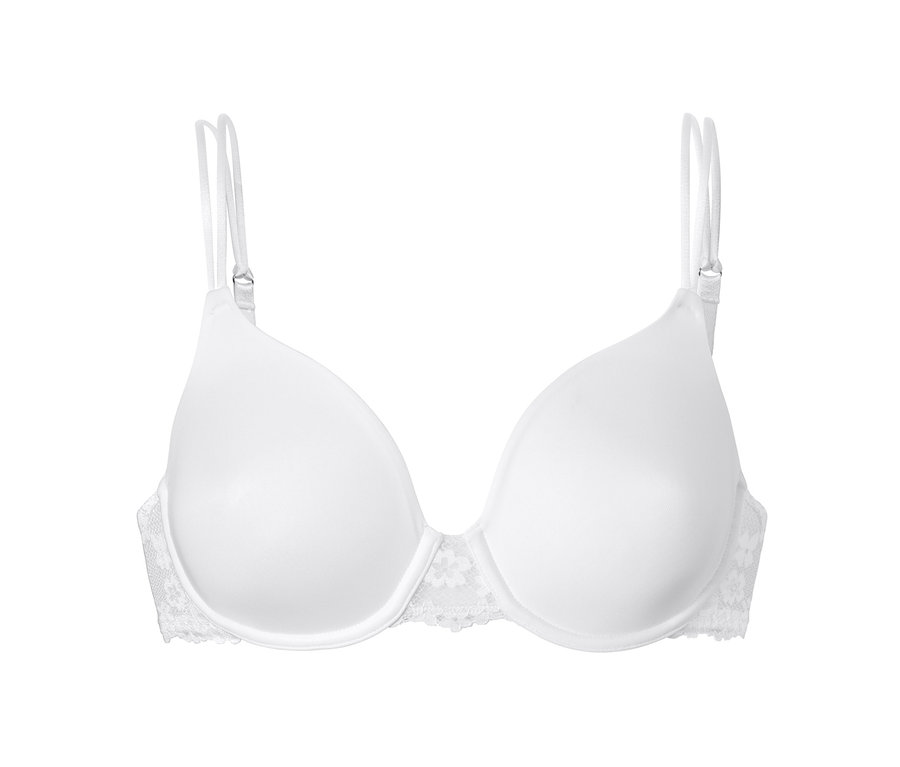 Bílá podprsenka s kosticemi s krajkovým lemem.