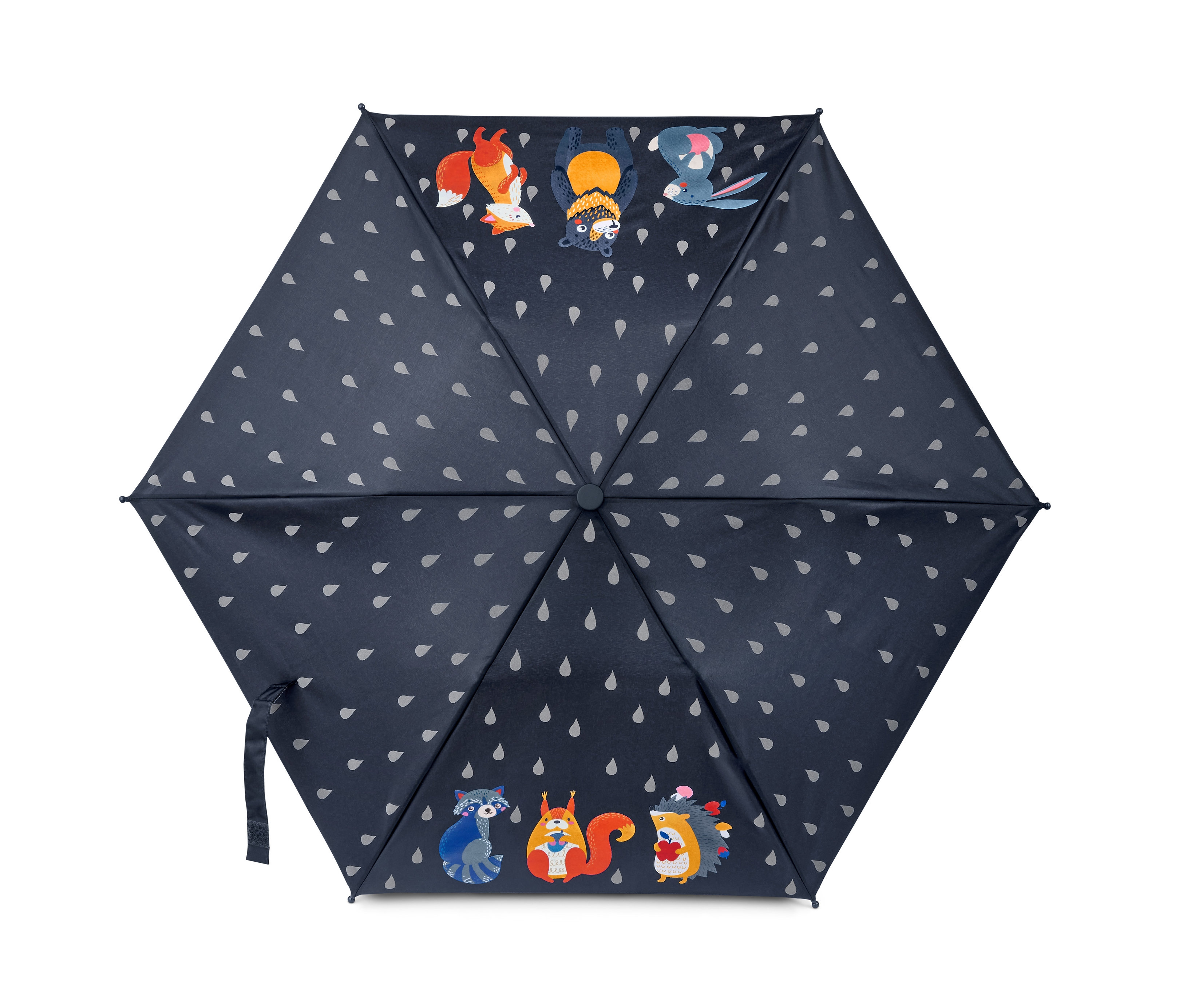 Rozložený dětský skládací deštník s potiskem zvířat a kapkami deště.