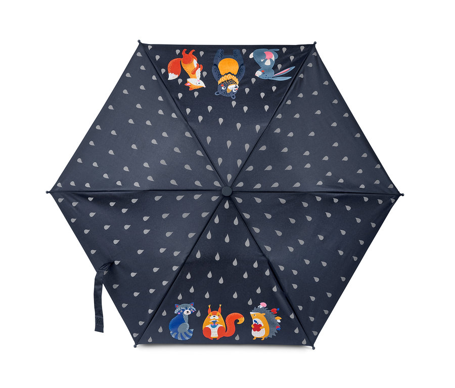 Rozložený dětský skládací deštník s potiskem zvířat a kapkami deště.