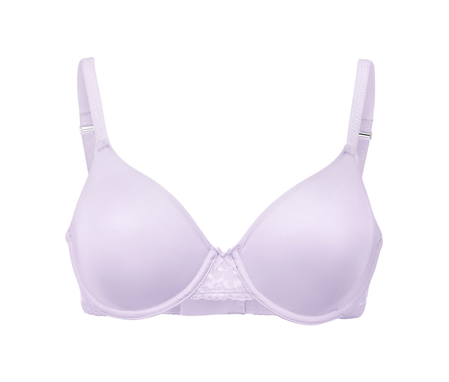 Detail podprsenky s kosticemi šeříkové barvy s krajkou uprostřed a nastavitelnými ramínky.