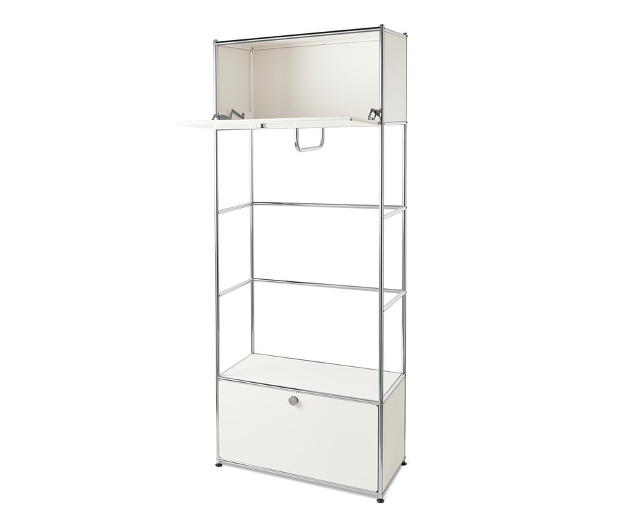 Bílý kovový věšák na šaty CN3 s otevřenou horní skříňkou a spodní zásuvkou.