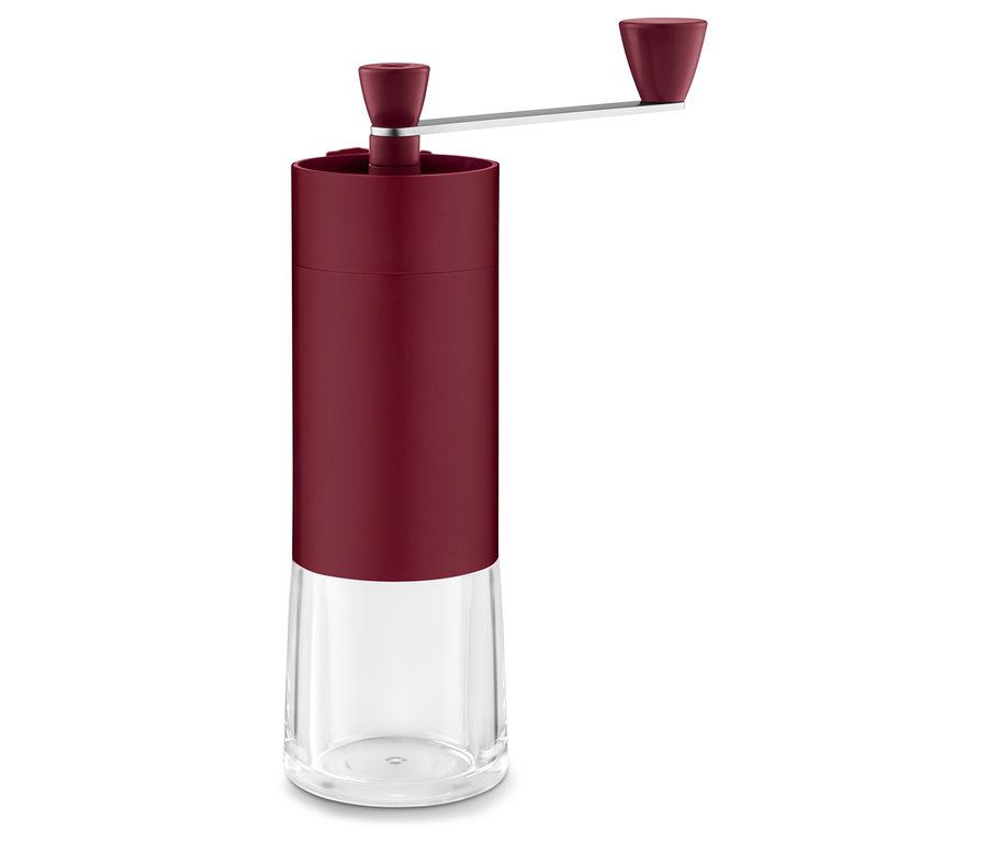 Ruční mlýnek na kávu berry s otočnou klikou a průhlednou spodní komorou.