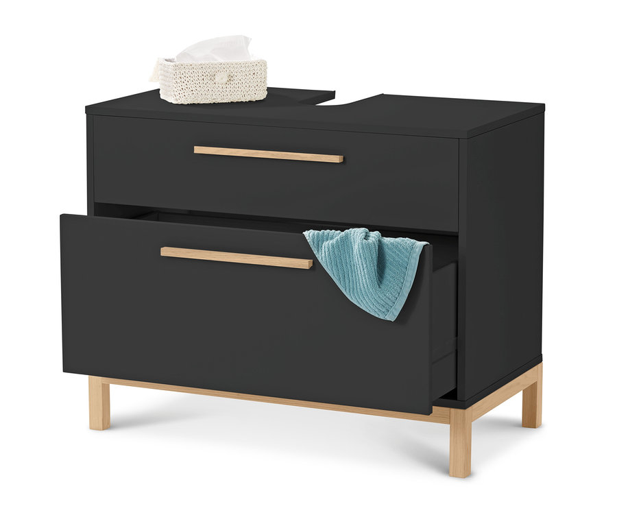 Antracitová skrinka pod umývadlo Eklund se 2 zásuvkami. V otvorenej zásuvke je modrý uterák. Na skrinke je krabica s papierovými vreckovkami.