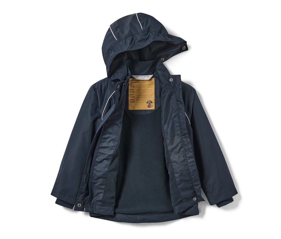 Otevřená dětská termo bunda do deště s motivem pejska, tmavě modré barvy.