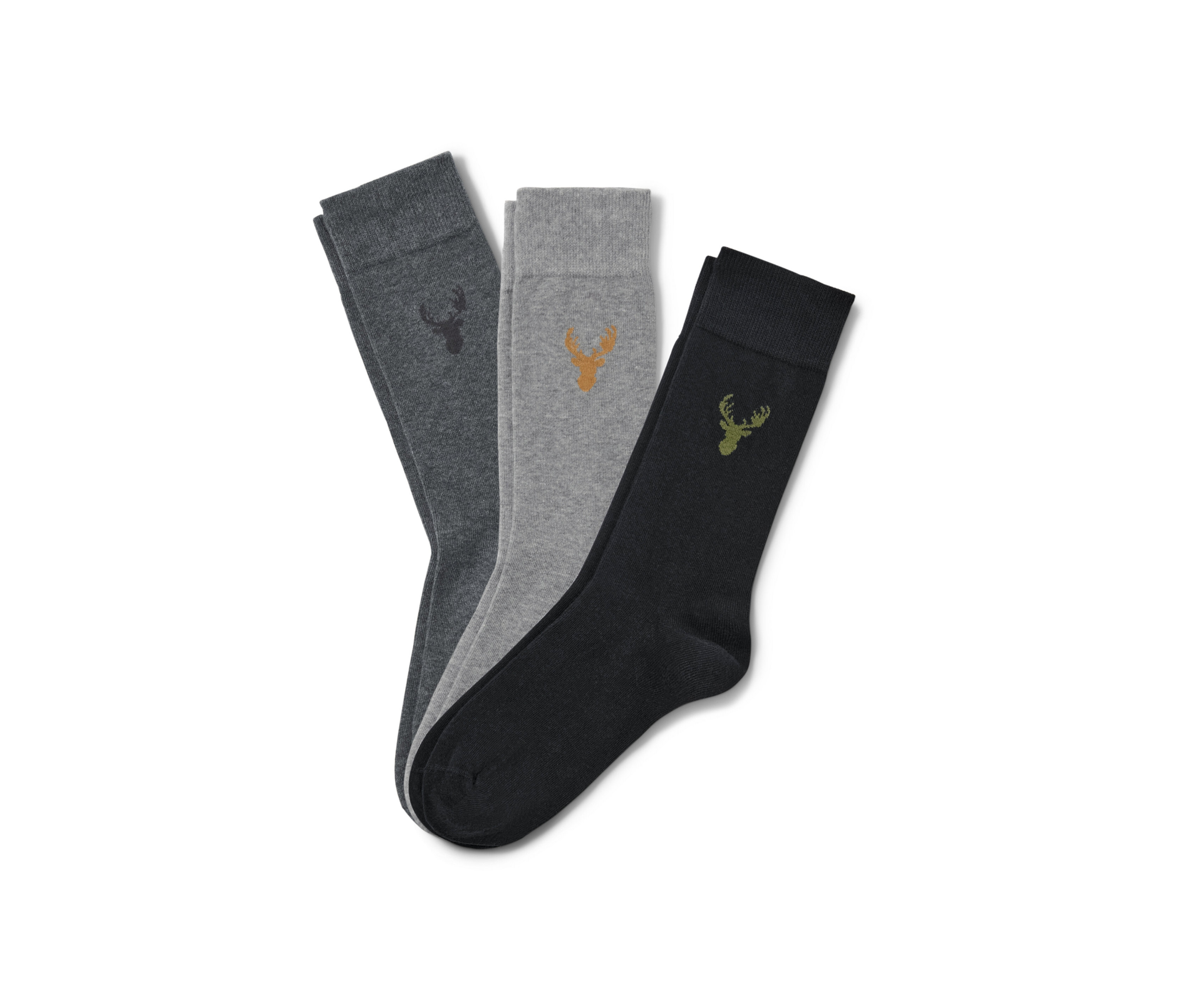 Tři páry ponožek v šedé, světle šedé a černé barvě s motivem jelena.