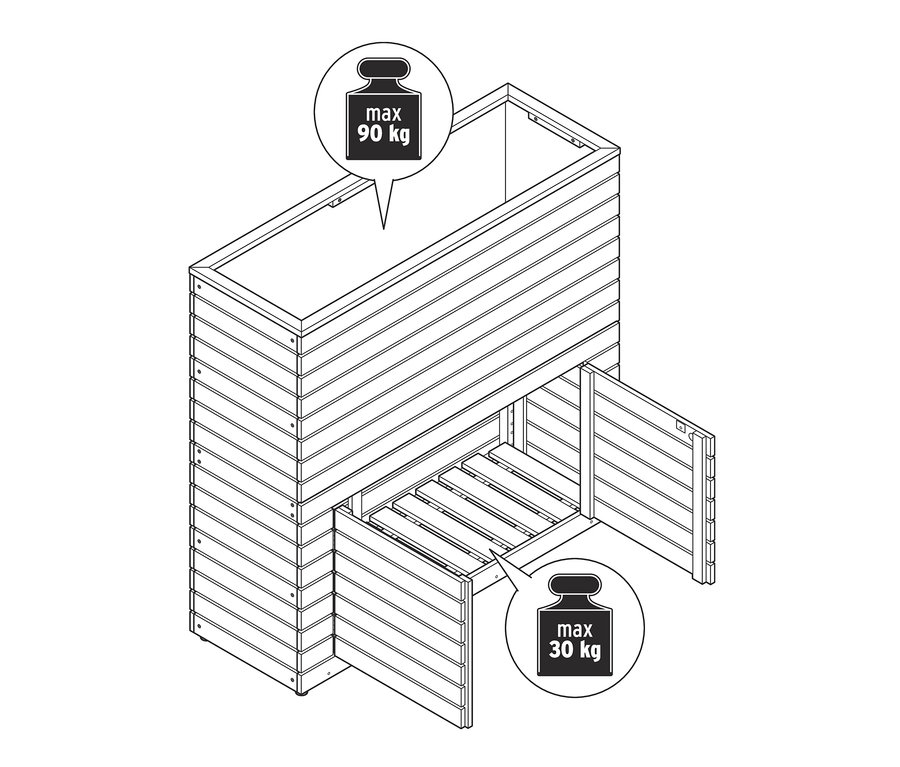 Nákres prvku pro rozdělení prostoru s truhlíkem »Tinus« a úložnou skříňkou.
