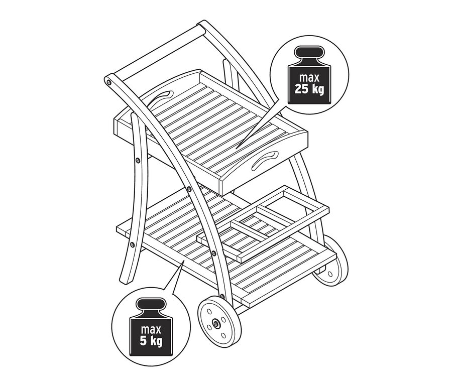 Ilustrace barového vozíku s odnímatelným podnosem.