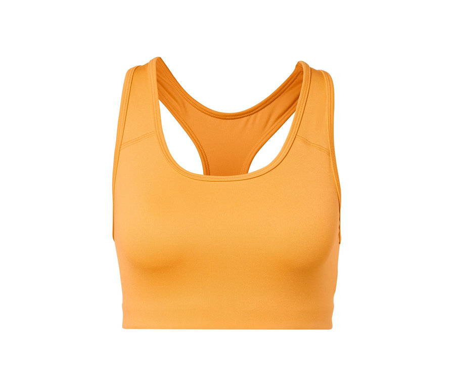 Oranžová sportovní podprsenka z dvousetové soupravy na bílém pozadí.