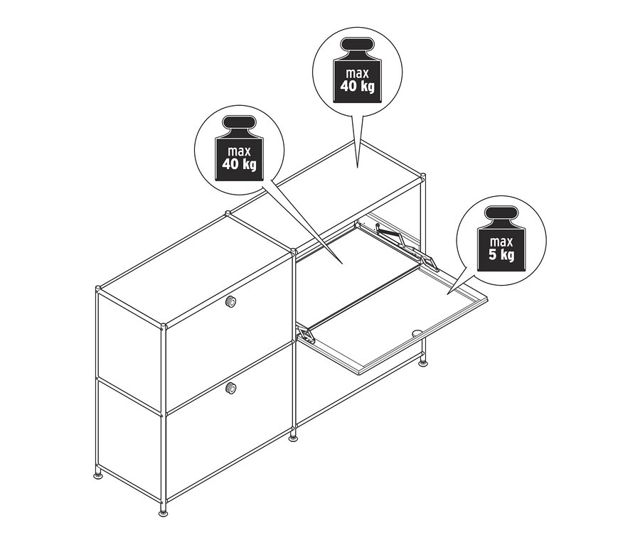 Nákres kovové odkládací skříňky »CN3« se 4 výklopnými dvířky, z nichž jedny jsou otevřené.