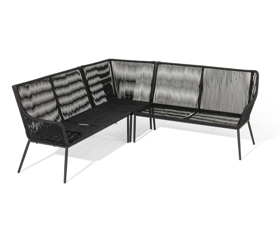 Rohová sedací souprava s textilním výpletem.