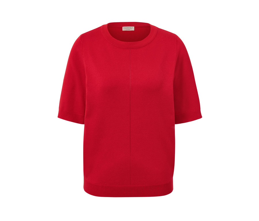 Červený svetřík z jemného úpletu s krátkými rukávy.