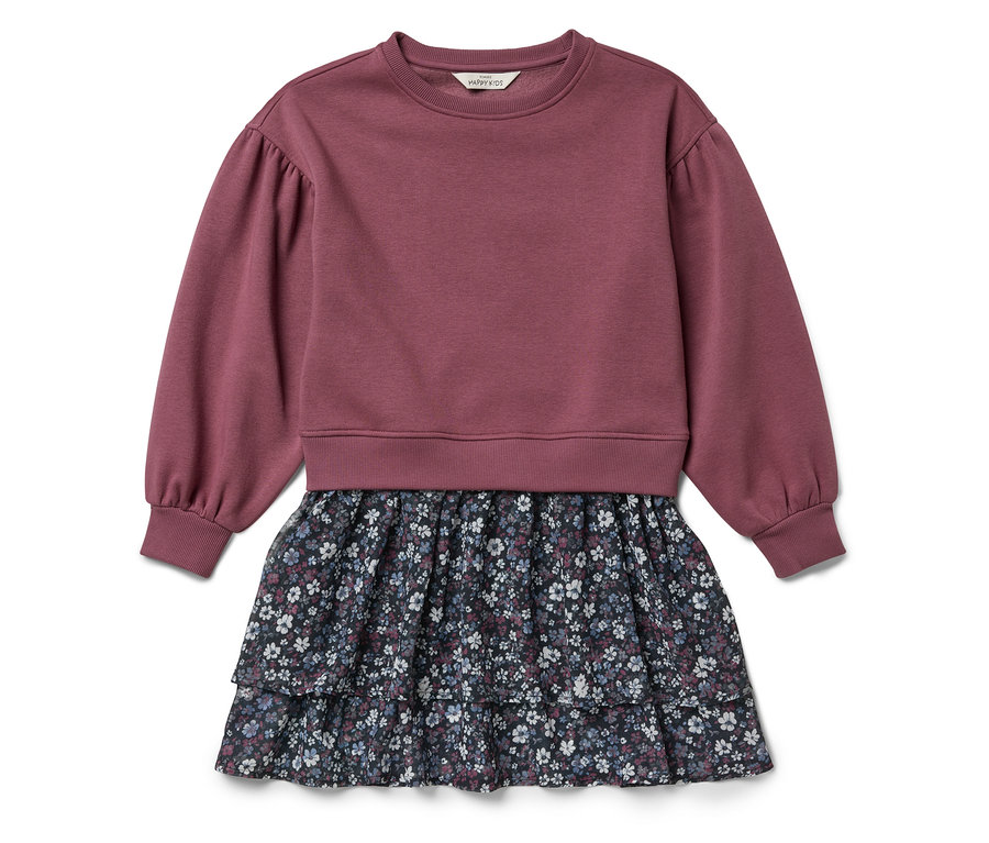 Fialové šaty s dlouhým rukávem a květinovou sukni.