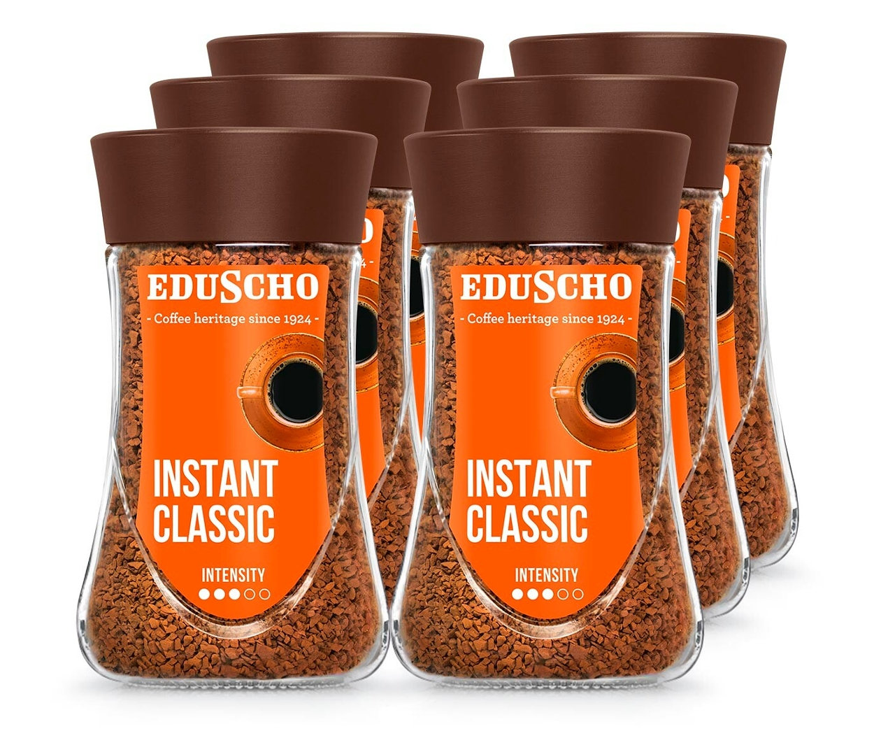 Šest sklenic instantní kávy EDU Instant Classic 200 g v řadě.
