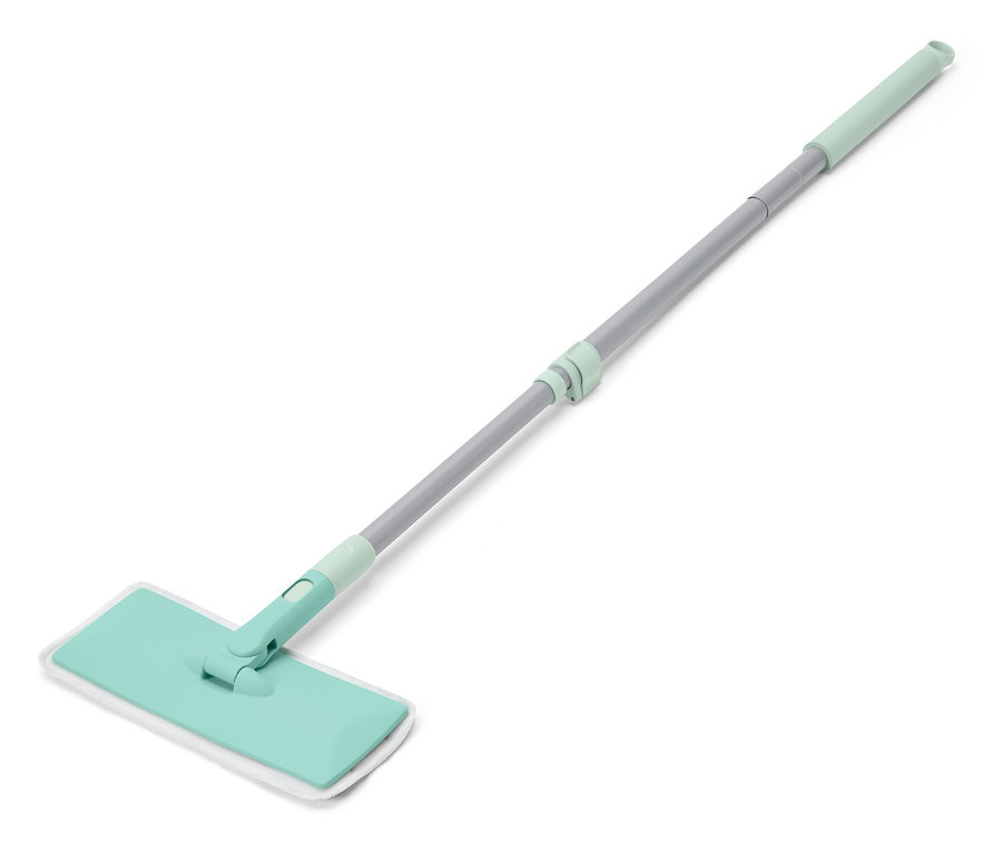 Zelený mop s teleskopickou tyčí a bílou čisticí podložkou.