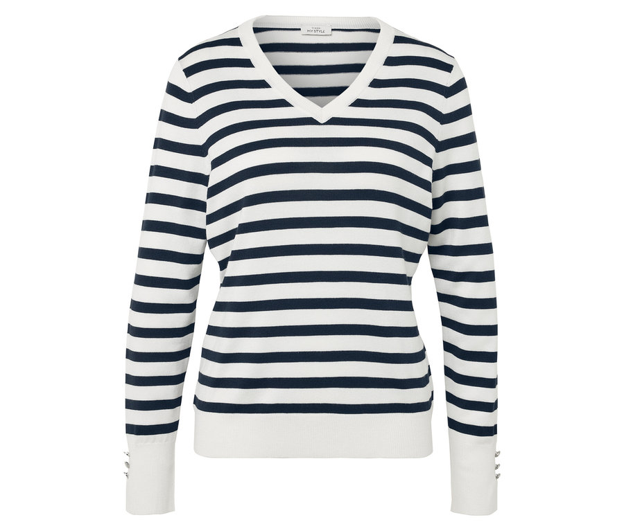 Pruhovaný svetr s dlouhým rukávem v modré a bílé barvě s výstřihem do V.