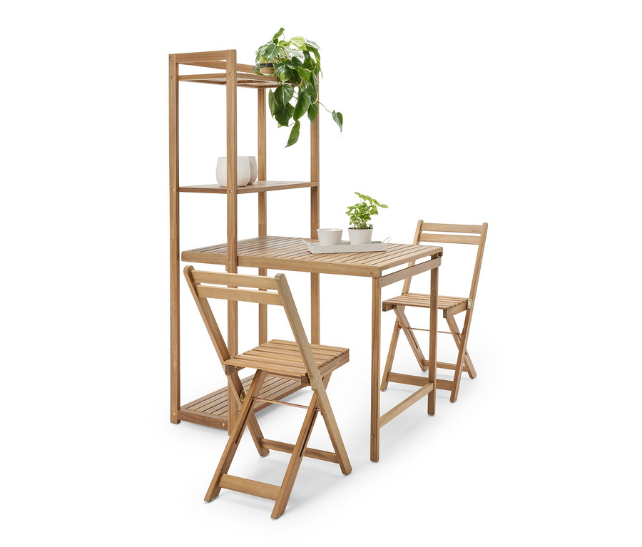 Balkónová jídelní souprava »Lenja« s regálem se dvěma židlemi a rostlinami.