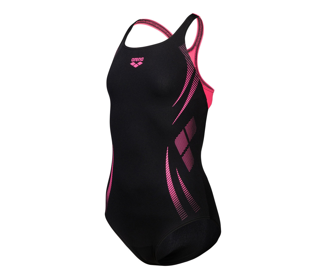 Černý dětský plavecký kostým arena Performance Poseidonia Swim Pro Back s růžovými detaily.