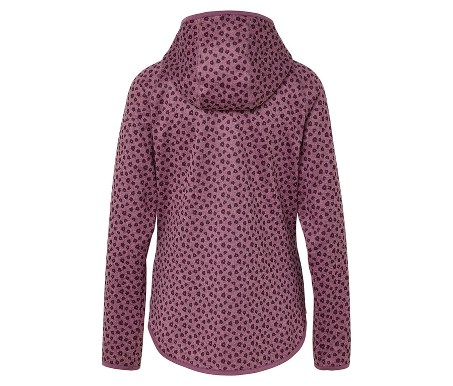 Detailní pohled zezadu na fialovou mikinu s kapucí a tmavě fialovým tečkovaným vzorem.