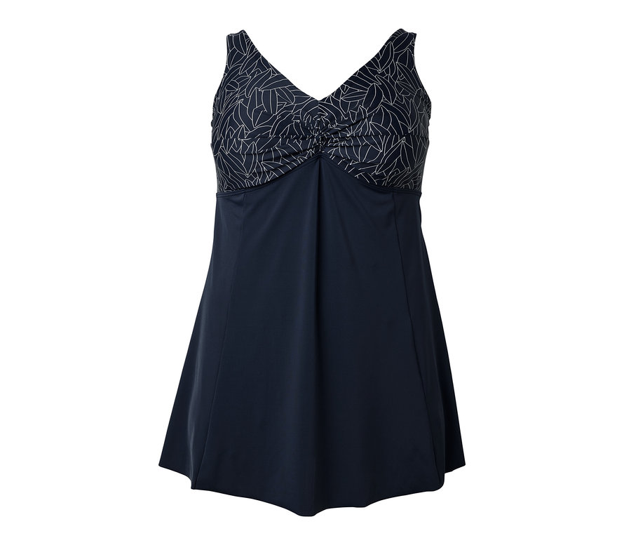 Modré plavkové šaty s bílým vzorem listů.