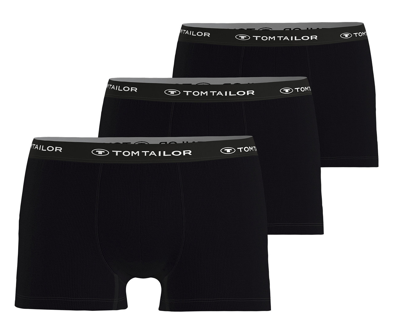 Troje černé boxerky Tom Tailor »Buffer« leží na sobě. Mají bílý pas s nápisem »Tom Tailor«.