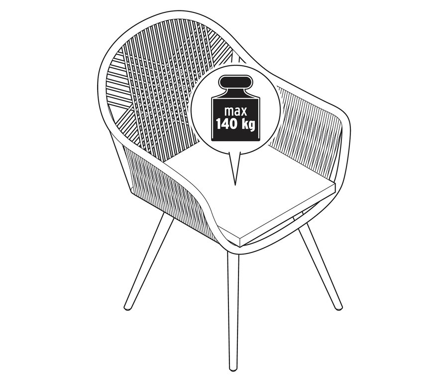 Ilustrace zahradní židle s textilním křížovým výpletem a maximální nosností 140 kg.