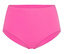 Růžové kalhotky od bikin s vysokým pasem na bílém pozadí.