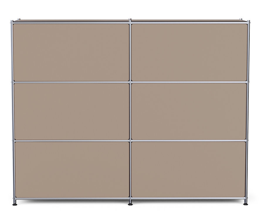 Kovová komoda »CN3« s 6 výklopnými dvířky, hnědošedá, stojí na bílém pozadí.