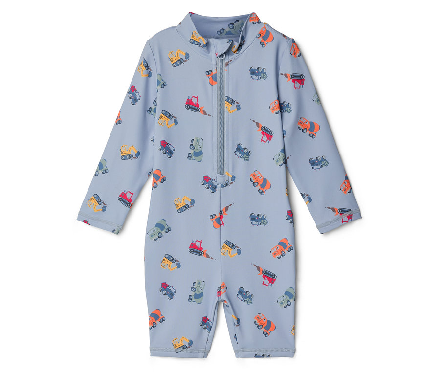 Světle modré plavky s celopropínacím zipem a barevnými motivy stavebních vozidel.