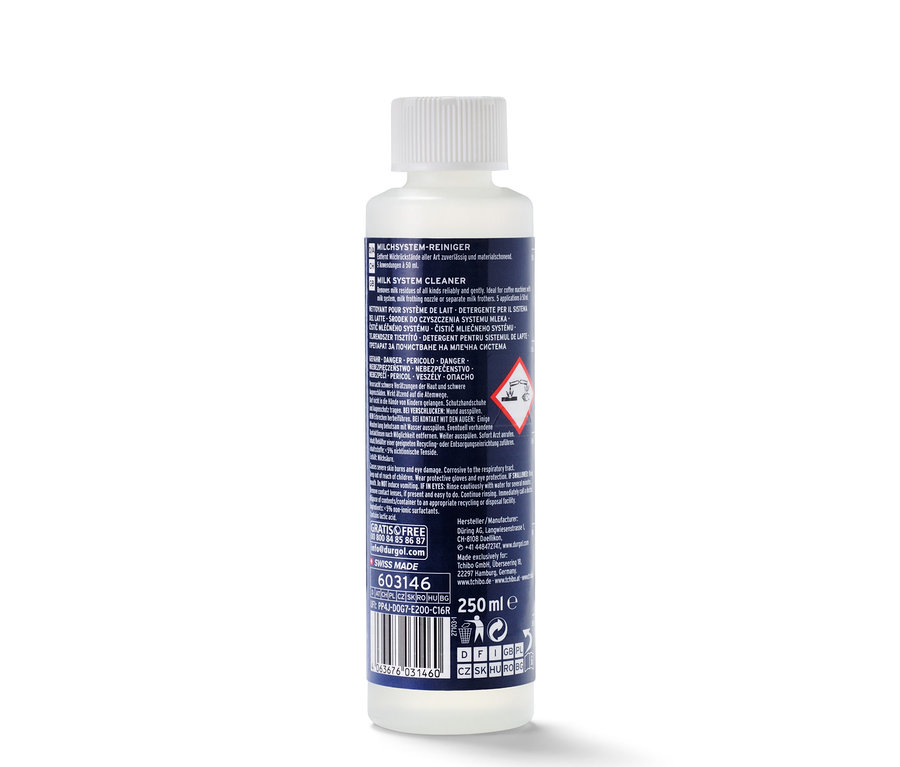 Bílá láhev čističe mléčného systému durgol® o objemu 250 ml.