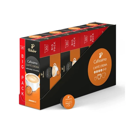 Balení kapslí Cafissimo Caffè Crema. Krabice je černá s oranžovými prvky.