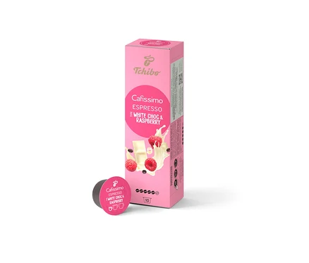 Balení 10 kapslí Cafissimo Flavoured Espresso – White Choc & Raspberry. Vedle balení leží jedna kapsle.