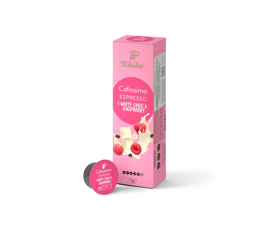 Balení 10 kapslí Cafissimo Flavoured Espresso – White Choc & Raspberry. Vedle balení leží jedna kapsle.