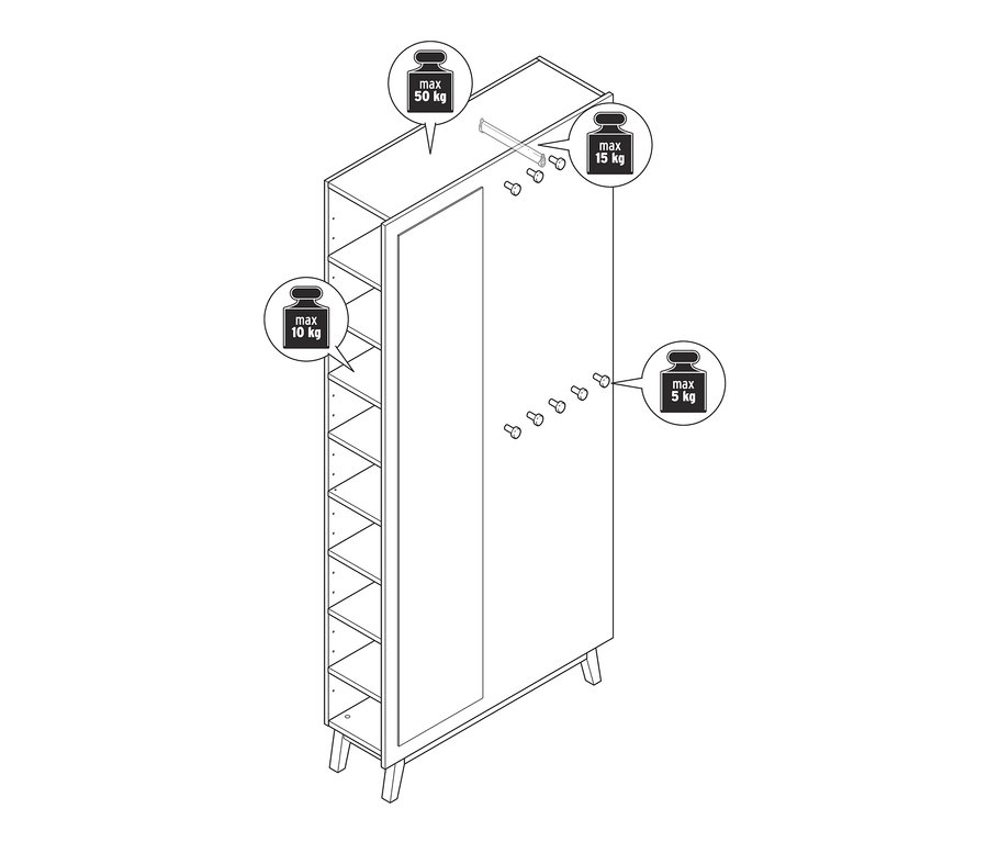 Nákres multifunkční skříně do předsíně s otevřenou policí na levé straně a zrcadlem na dveřích.