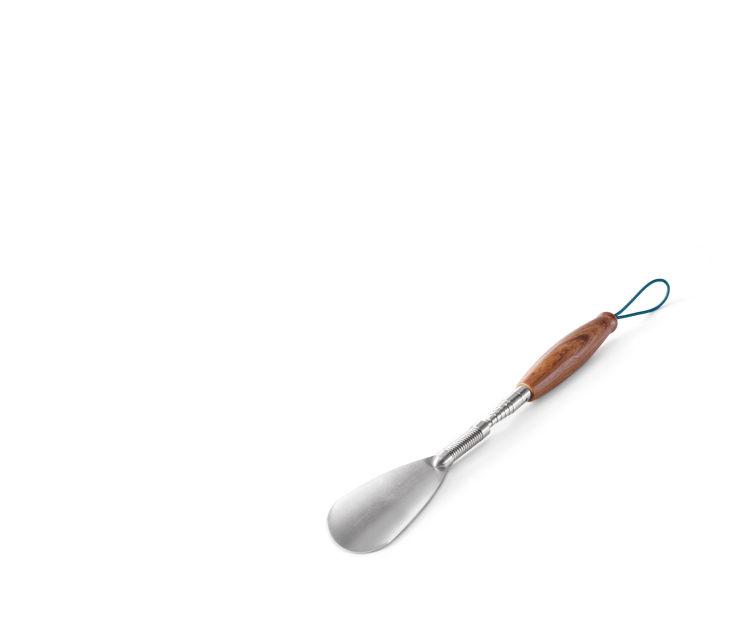 Teleskopická lžíce na boty s dřevěnou rukojetí a modrou šňůrkou.
