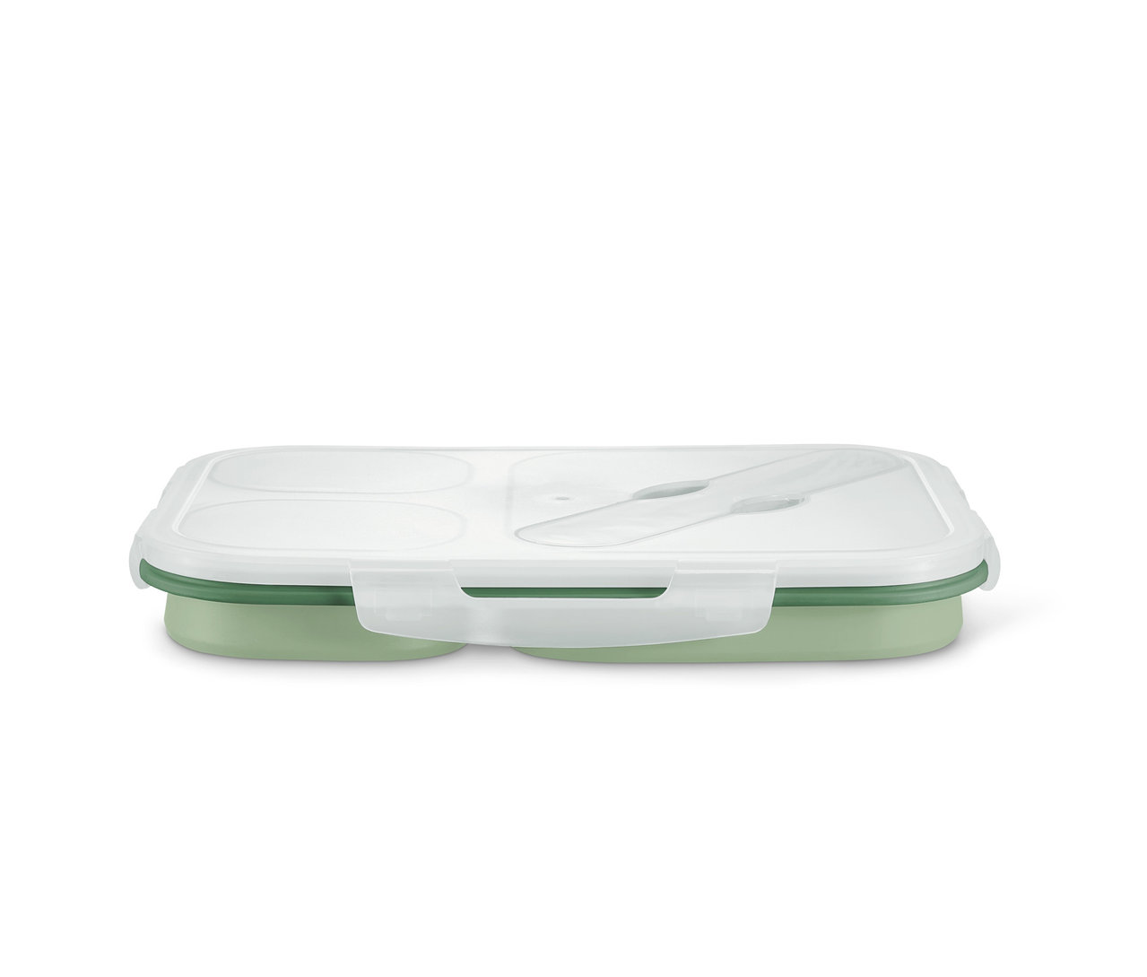 Skládací dóza na oběd se zeleným dnem a průhledným víkem.