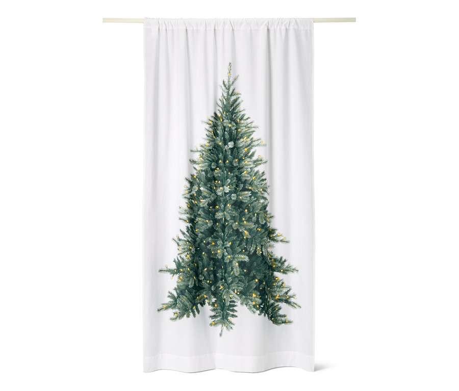 Bílý závěs s motivem vánočního stromku.