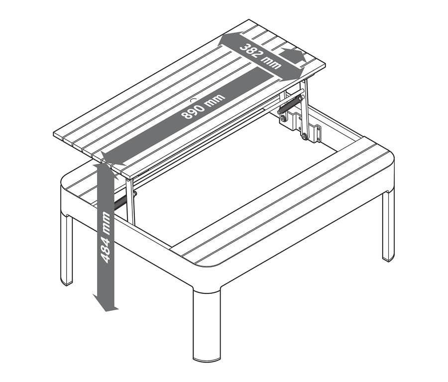 Nákres variabilní soupravy lounge nábytku zobrazuje rozměry stolu s výškou 484 mm, šířkou 382 mm a délkou 890 mm.