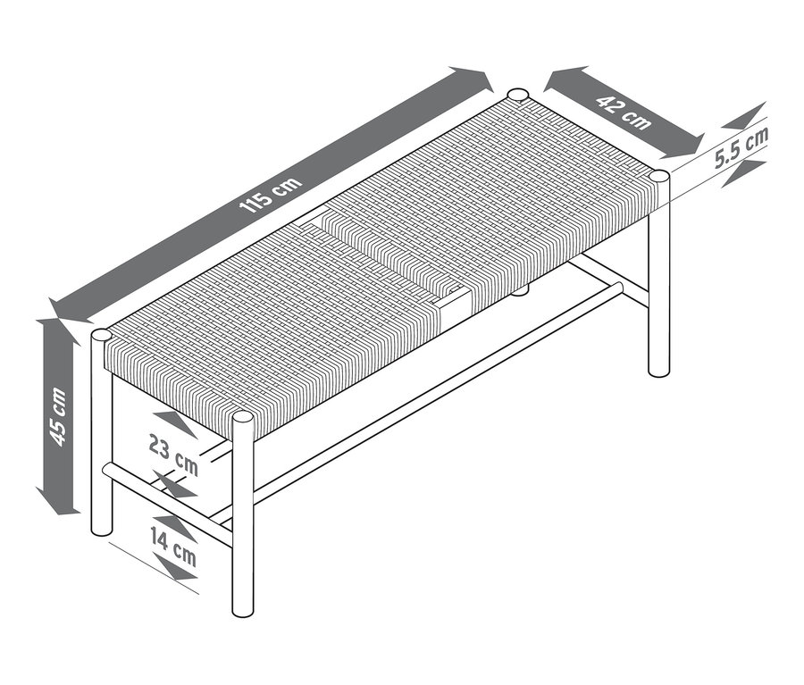 Ilustrace proutěné lavice s rozměry.