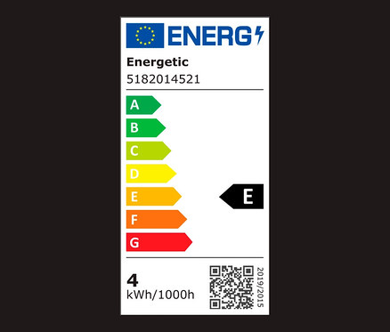 Energetický štítek s třídami energetické účinnosti od A do G, přičemž aktuální spotřeba energie je třídy E.