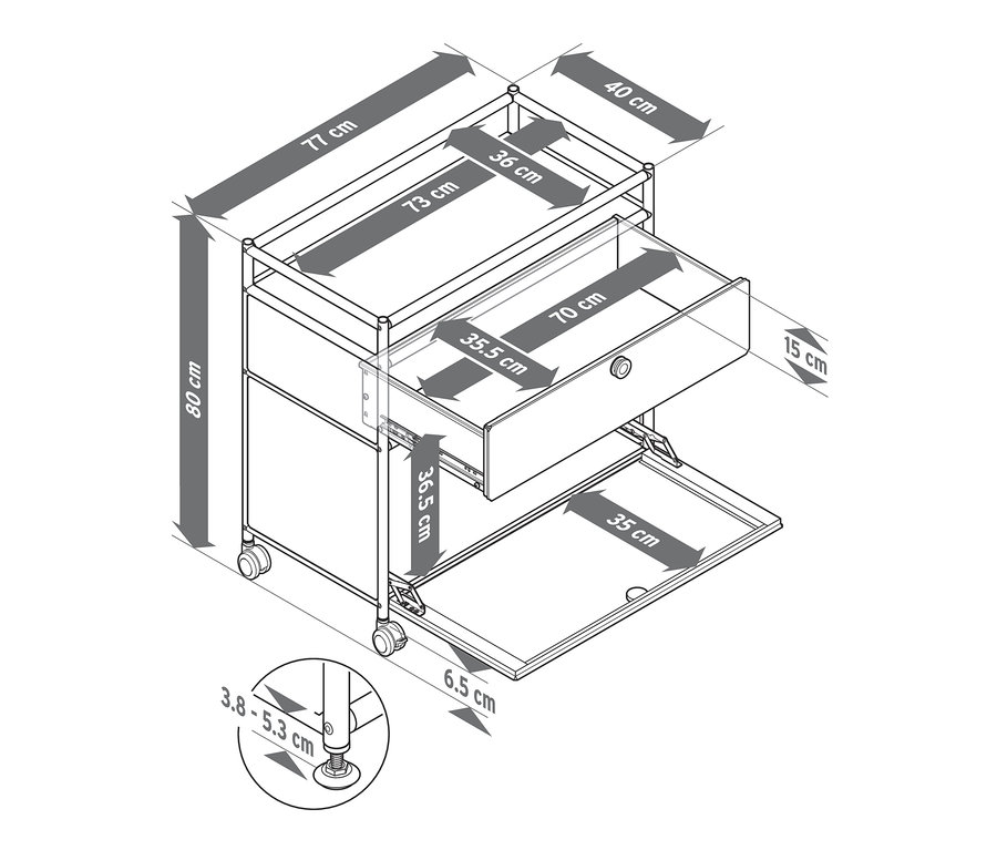 Nákres kovové komody »CN3« s 1 zásuvkou, 1 výklopnými dvířky a obvodovou ohrádkou a rozměry.