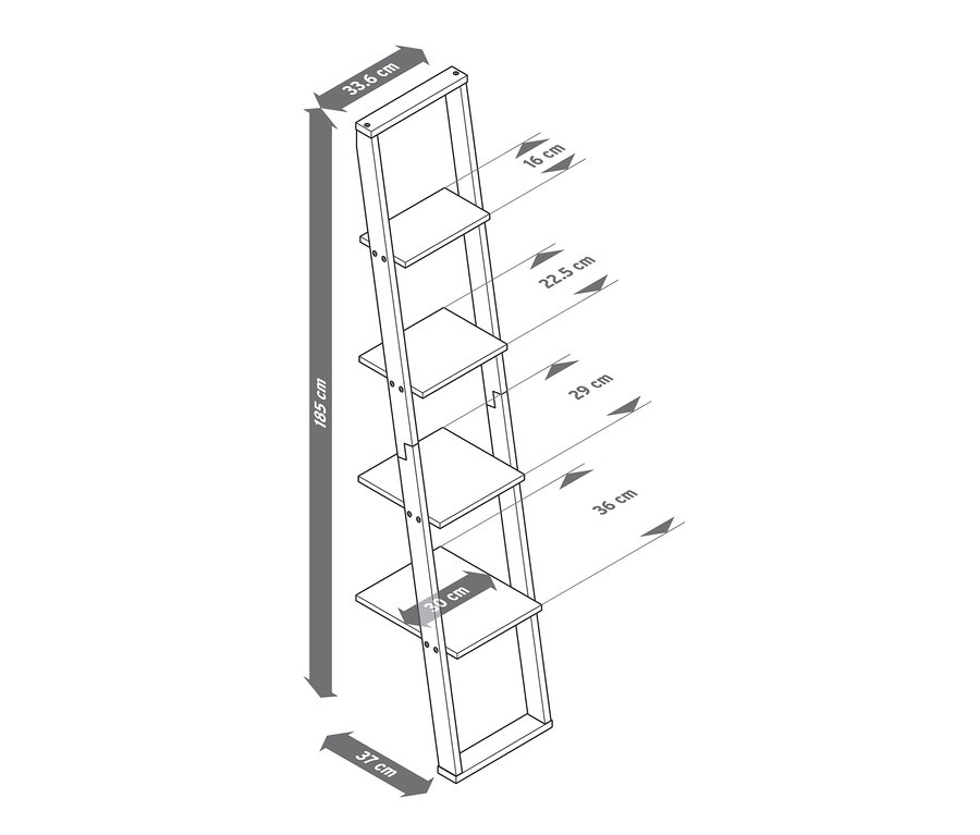 Nákres úzkého žebříkového regálu s rozměry.