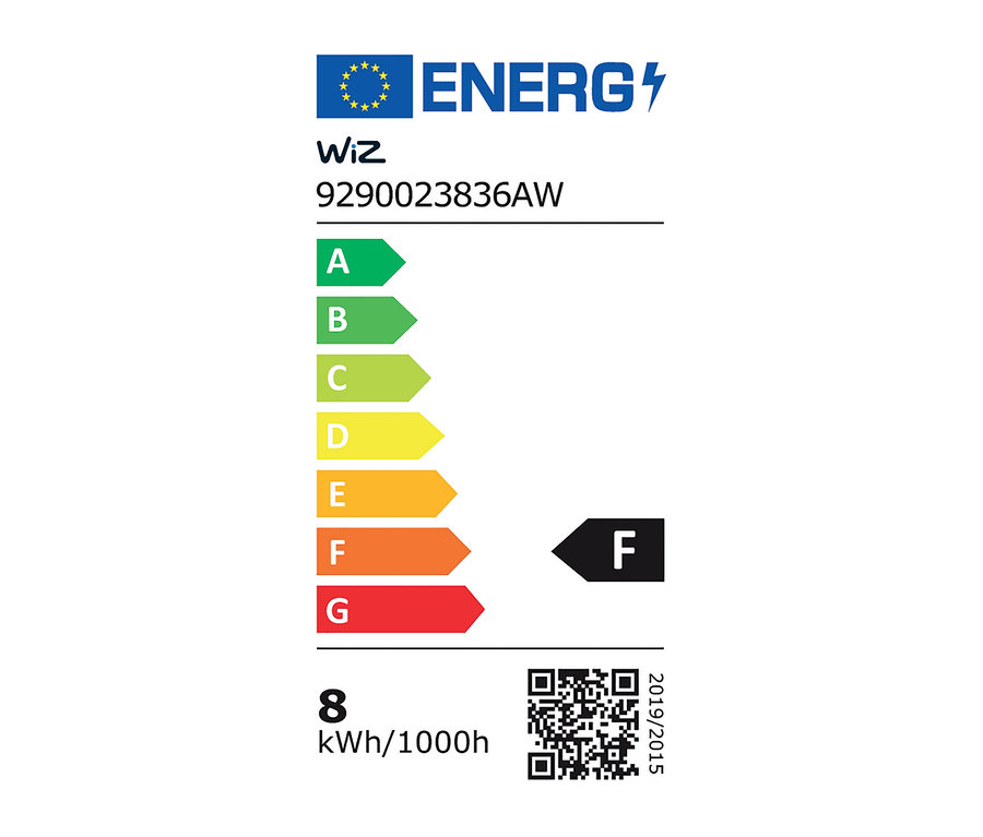 Energetický štítek s třídami A až G, produkt WiZ 9290023836AW, spotřeba 8 kWh/1000h.