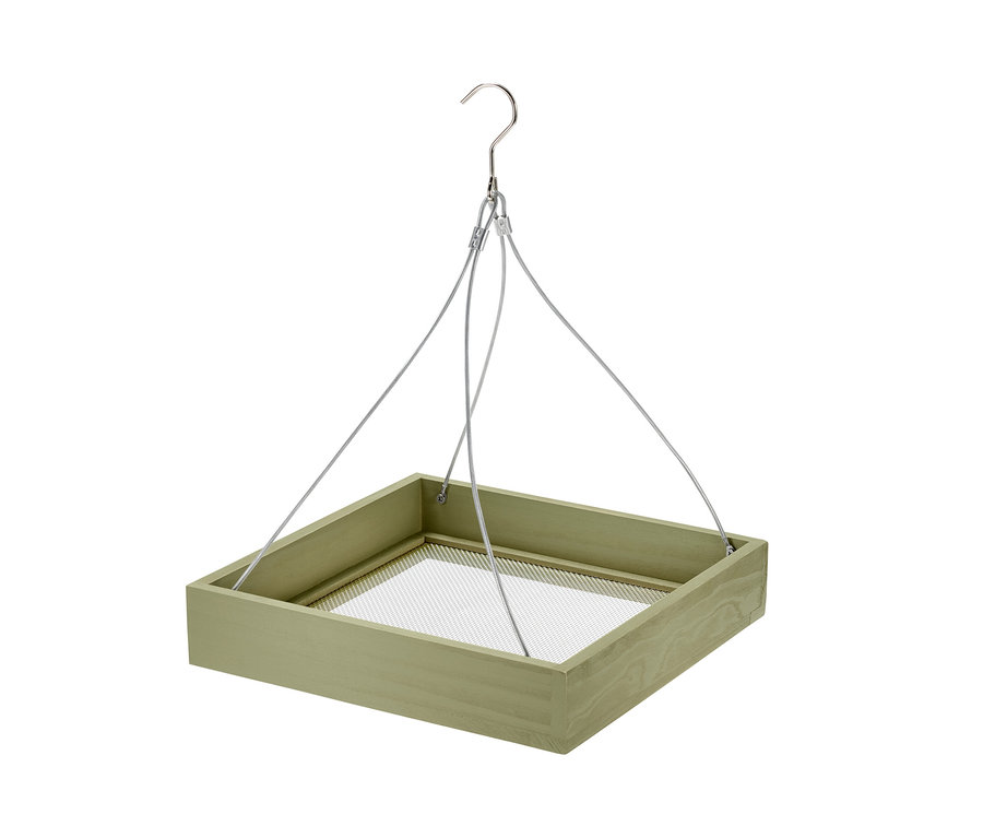 Zelené ptačí krmítko se stříbrným hákem a dráty.