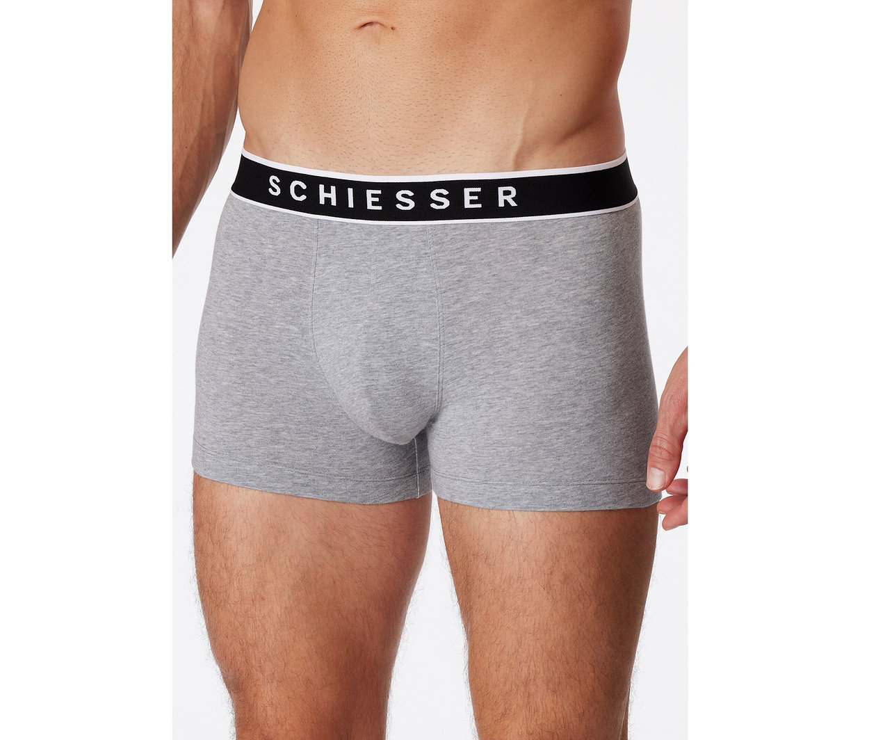 Muž má na sobě šedé melírované slipy s nohavičkou SCHIESSER s černým pasem a bílým logem.
