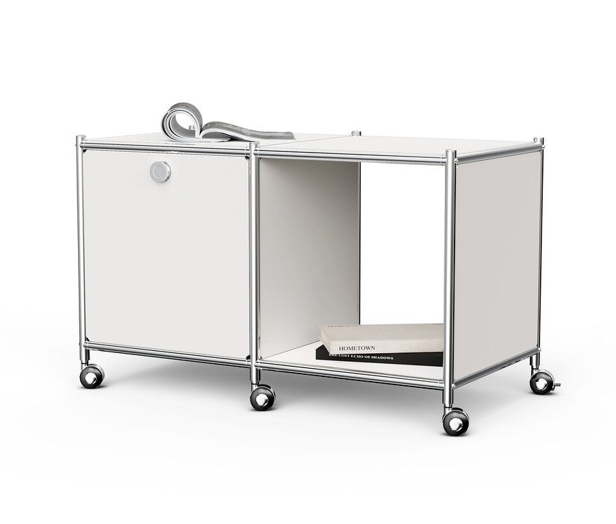 Bílý kovový odkládací stolek »CN3« s výklopnými dvířky a kolečky.