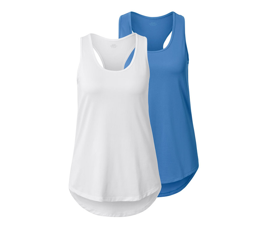 Dva funkční topy, jeden bílý a jeden nebesky modrý.